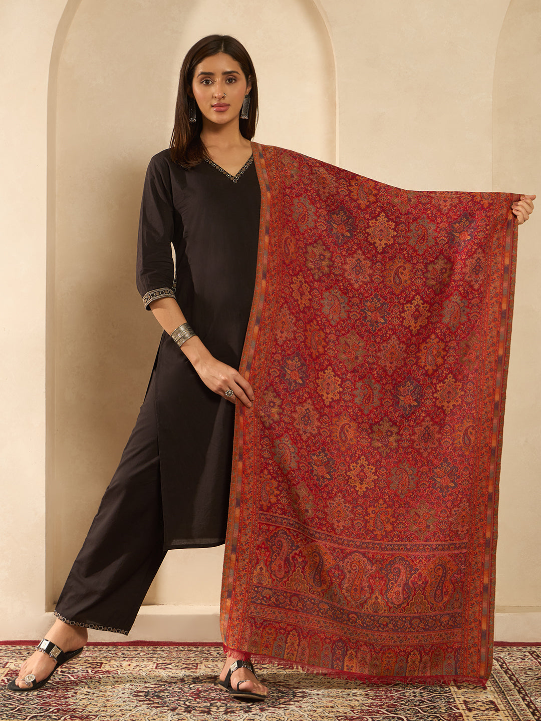 Pashmoda Imperial Shahkaar Gulistan kaani stole Stole for Women, Wool Blend Pashmina Style Shawl Wrap, Traditional Kashmiri Jamawar Woven Design, Luxury Evening & Festive Scarf (28 x 80 Inches)