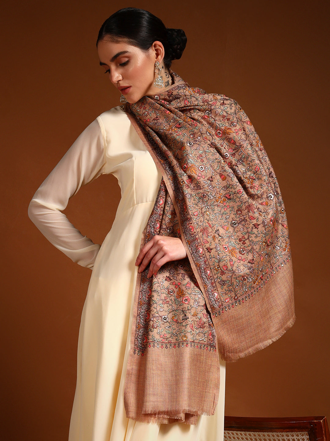 Pashmoda Women Shabnum 100% Pure Wool Sozni Hand Embroidered Stole (Size-71 × 203 cm)