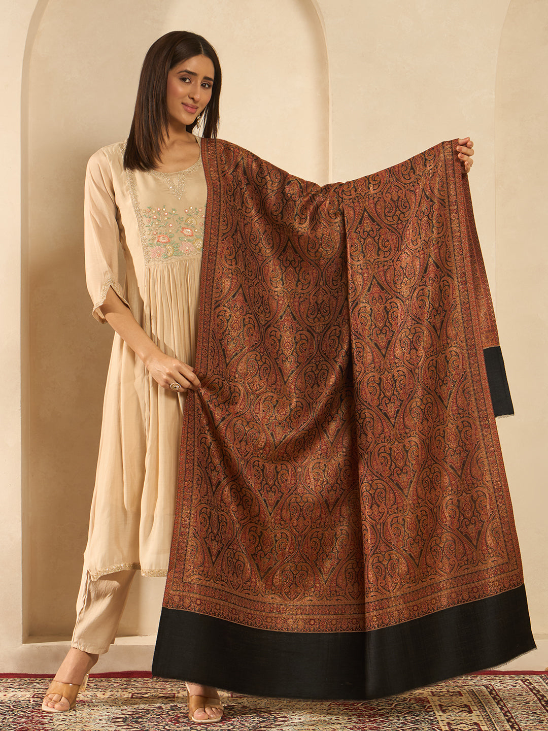 Pashmoda Women Regalis Zari Reversible Kaani Fine Wool Shawl, Shawl, Scarf, Heritage Kashmiri Pashmina Stole, Evening Wrap (Size 40X80 inches)