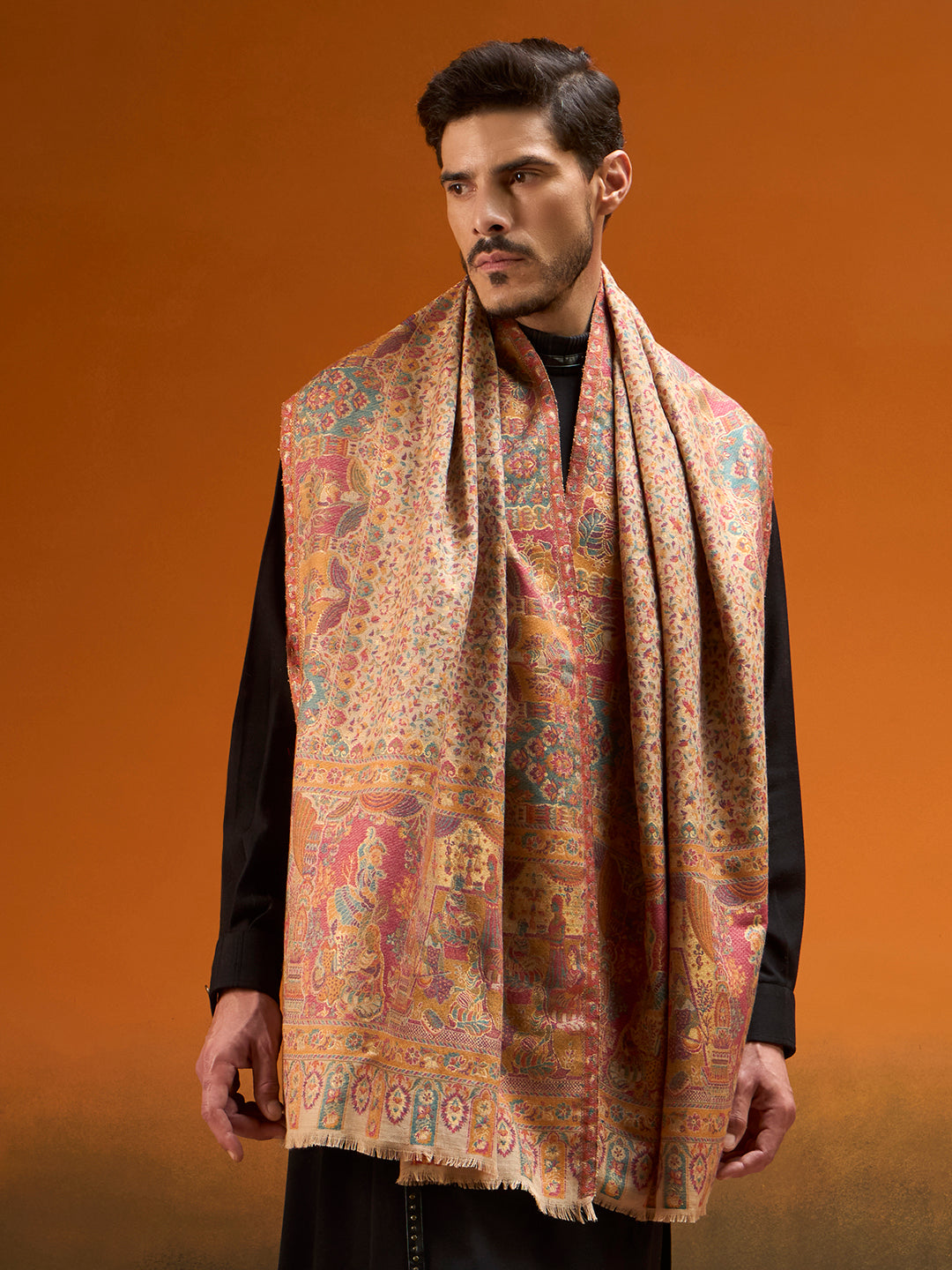 Pashmoda Men Persian Court Fine Wool Kaani Shawl, Authentic Kashmiri Pashmina Style Wrap, Medium Gents Lohi, Traditional Jamawar Woven Design, Gift Box Packed, Beige Colour (40 x 80 Inches)