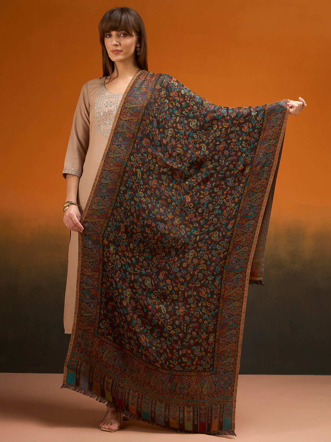 Pashmoda Imperial Royal botanica Stole for Women, Wool Blend Pashmina Style Shawl Wrap, Traditional Kashmiri Jamawar Woven Design, Luxury Evening & Festive Scarf (28 x 80 Inches)