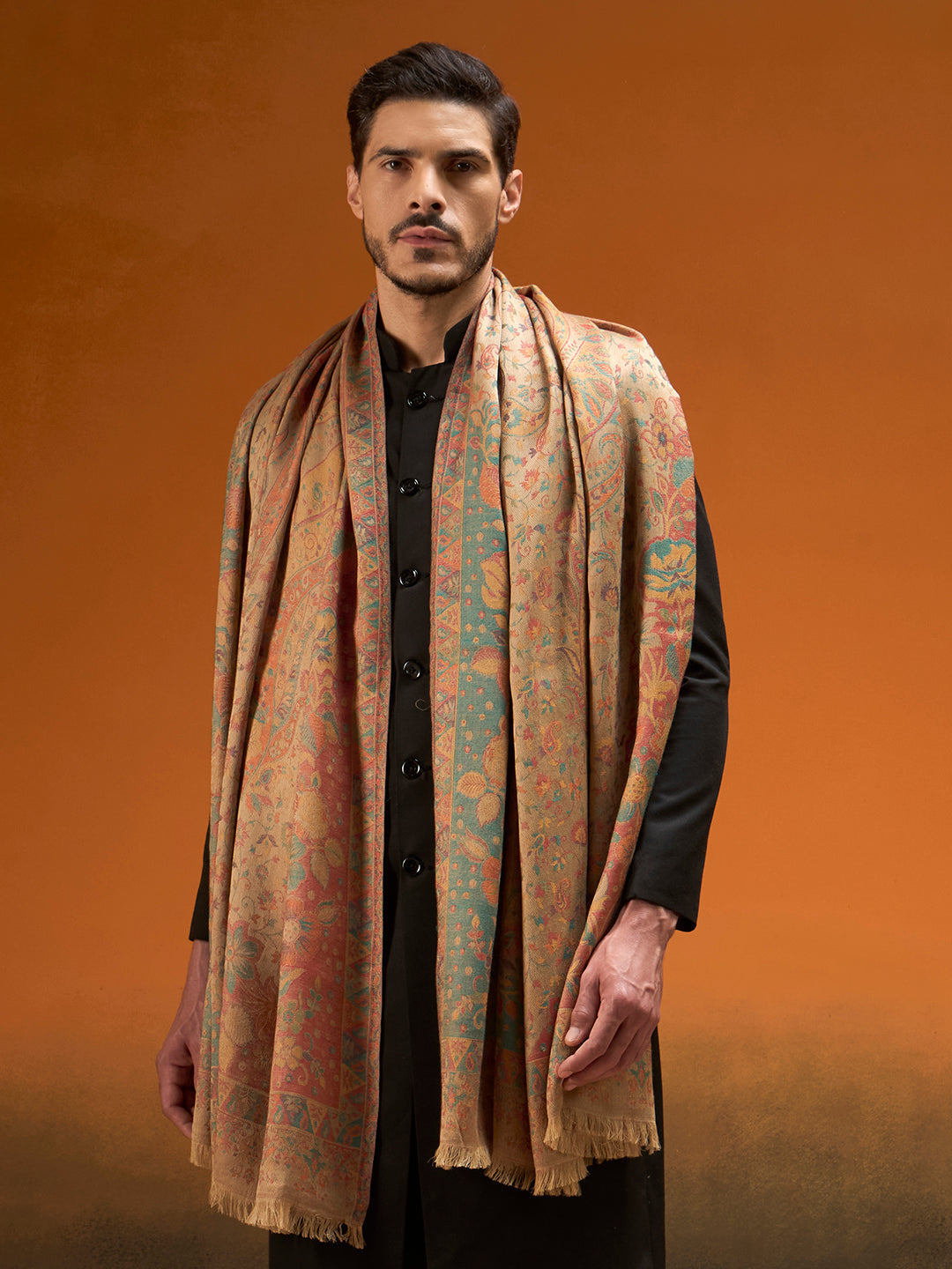 Pashmoda Men Grand Paisley Kaani Shawl, Authentic Kashmiri Pashmina Style Wrap, Medium Gents Lohi, Traditional Jamawar Woven Design, Gift Box Packed, Beige Colour (40 x 80 Inches)