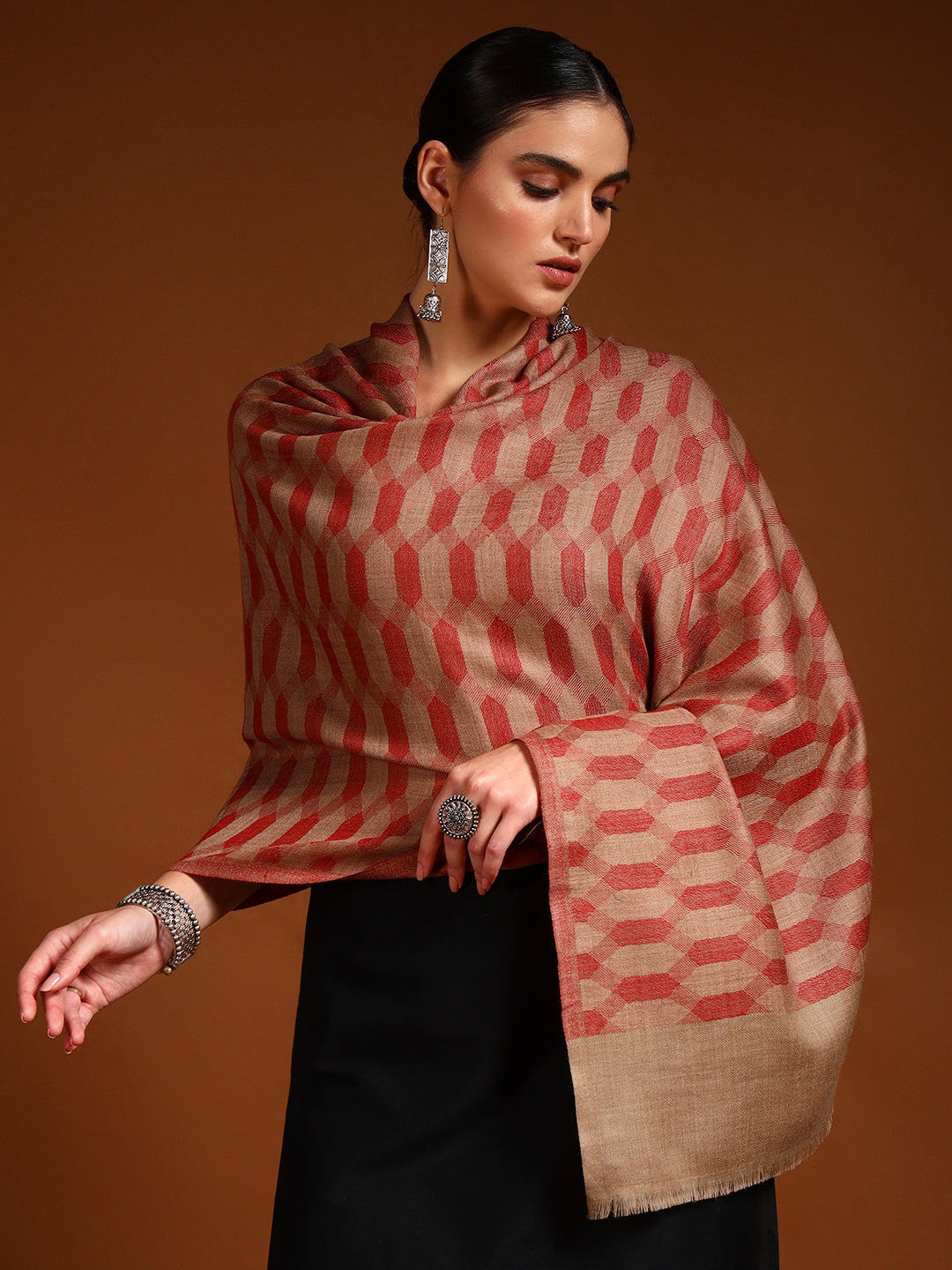 Women 100% Pure Wool Checkered Stole, Sustainable and Natural Fabric (Size 71x203 CM)