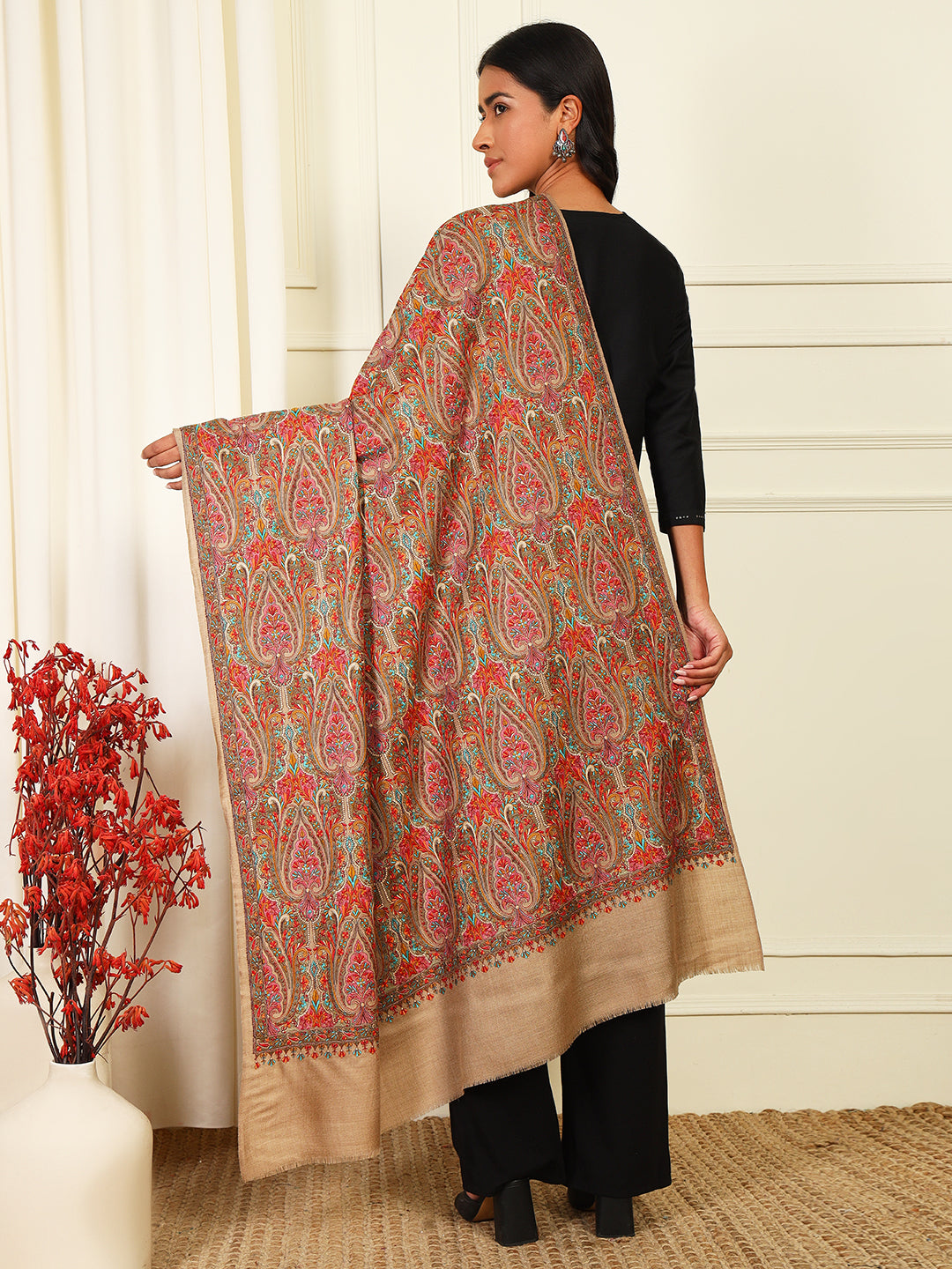 Pashmoda Women’s Zeenat 100% Fine Wool Sozni Hand Embroidered Shawl (Size: 101x203 Cm)