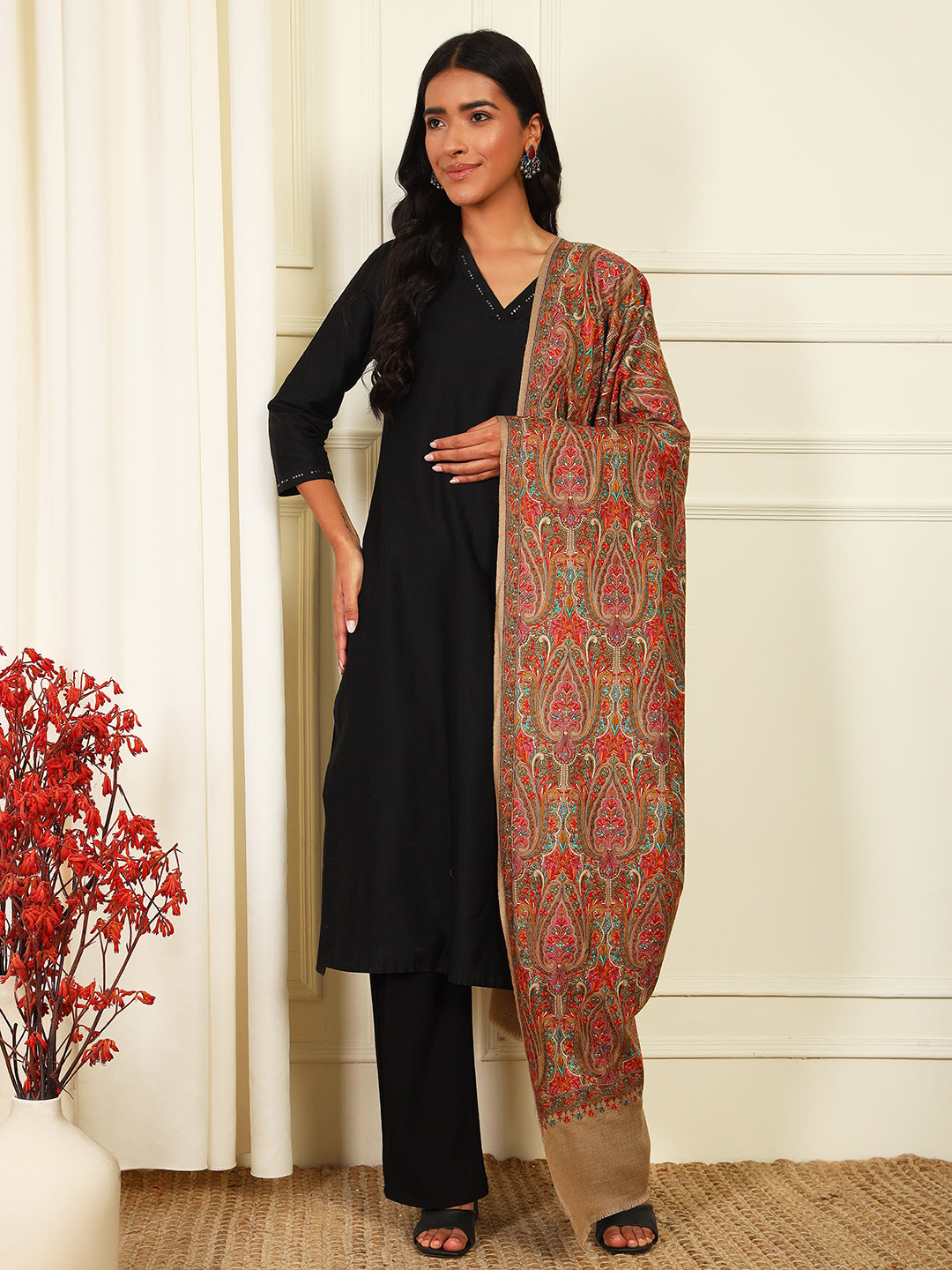 Pashmoda Women’s Zeenat 100% Fine Wool Sozni Hand Embroidered Shawl (Size: 101x203 Cm)