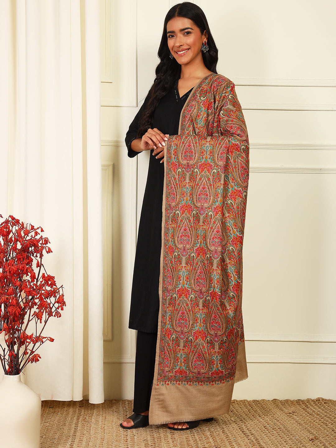 Pashmoda Women’s Zeenat 100% Fine Wool Sozni Hand Embroidered Shawl (Size: 101x203 Cm)