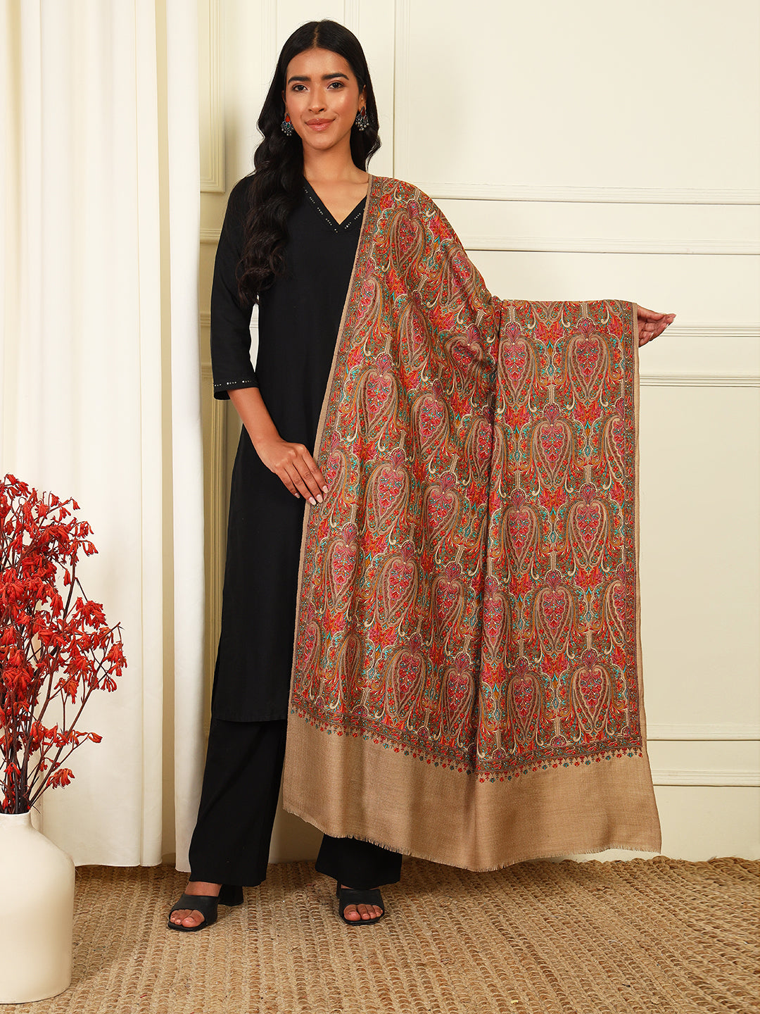 Pashmoda Women’s Zeenat 100% Fine Wool Sozni Hand Embroidered Shawl (Size: 101x203 Cm)