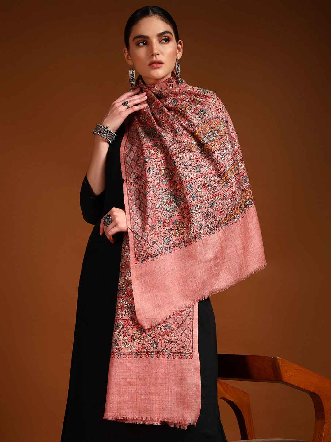 Pashmoda Women Nafeesah 100% Pure Wool Sozni Hand Embroidered Stole (Size-71x203cm)