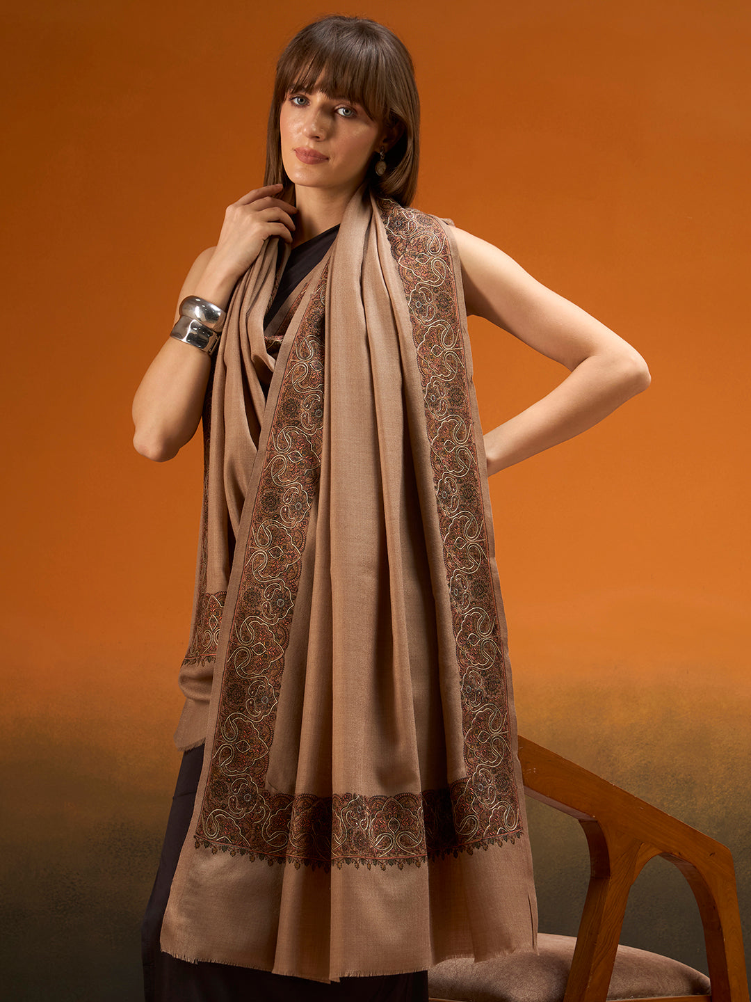 Women Nafeesah Fine Wool Sozni Hand Embroidered Shawl