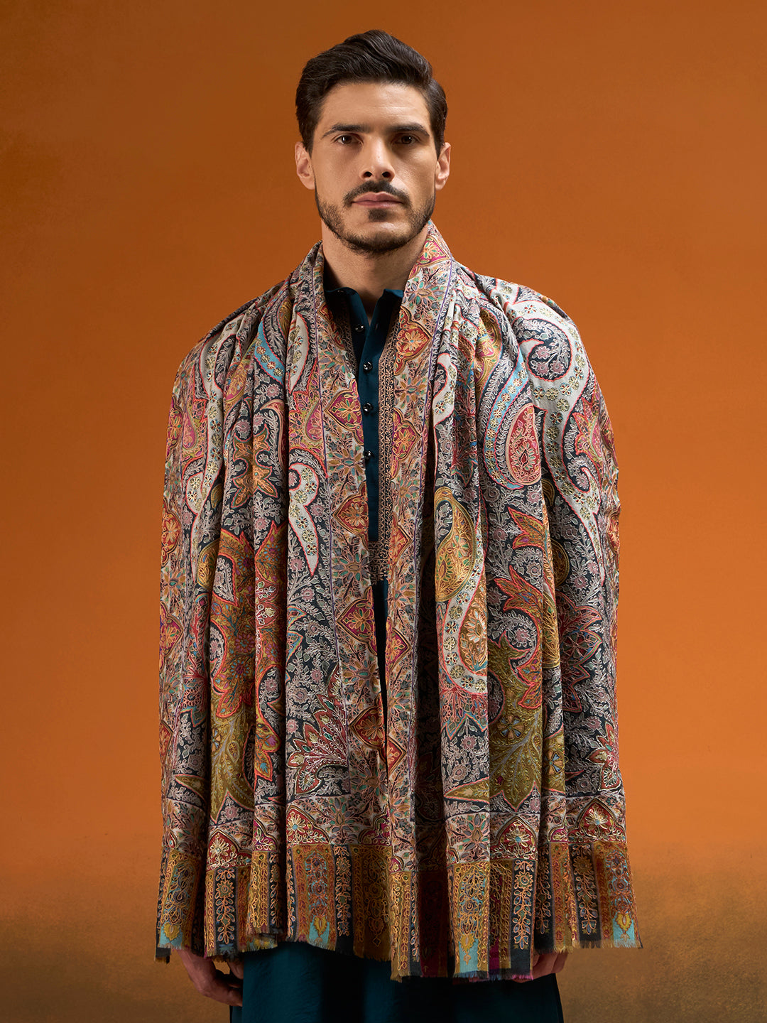Men Stained Glass Fine Wool Kalamkari Embroidered Shawl