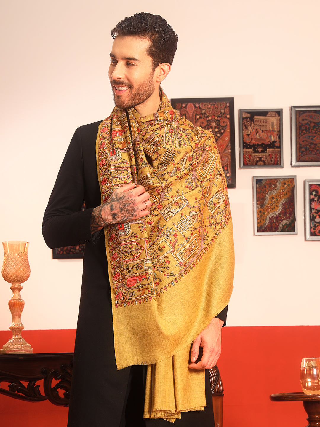 Pashmoda Men Arwina 100% Pure Wool Sozni Hand Embroidered Shawl (Size: 101x203 Cm)