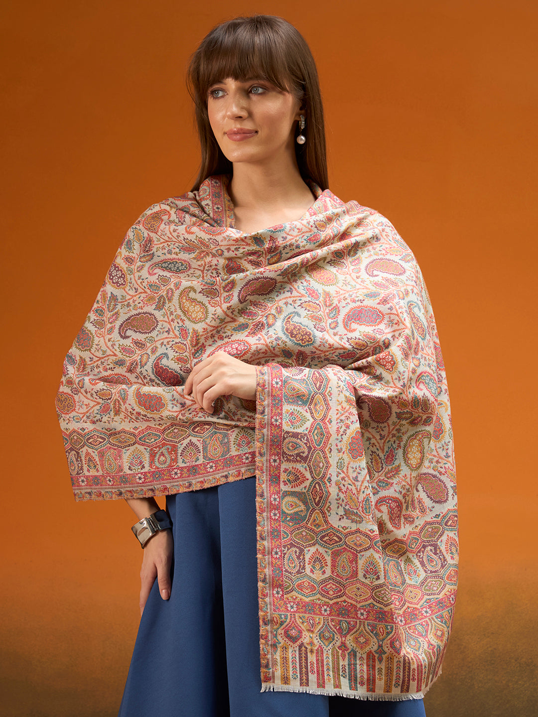 Pashmoda Imperial Gulzar kaani stole Stole for Women, Wool Blend Pashmina Style Shawl Wrap, Traditional Kashmiri Jamawar Woven Design, Luxury Evening & Festive Scarf (28 x 80 Inches)