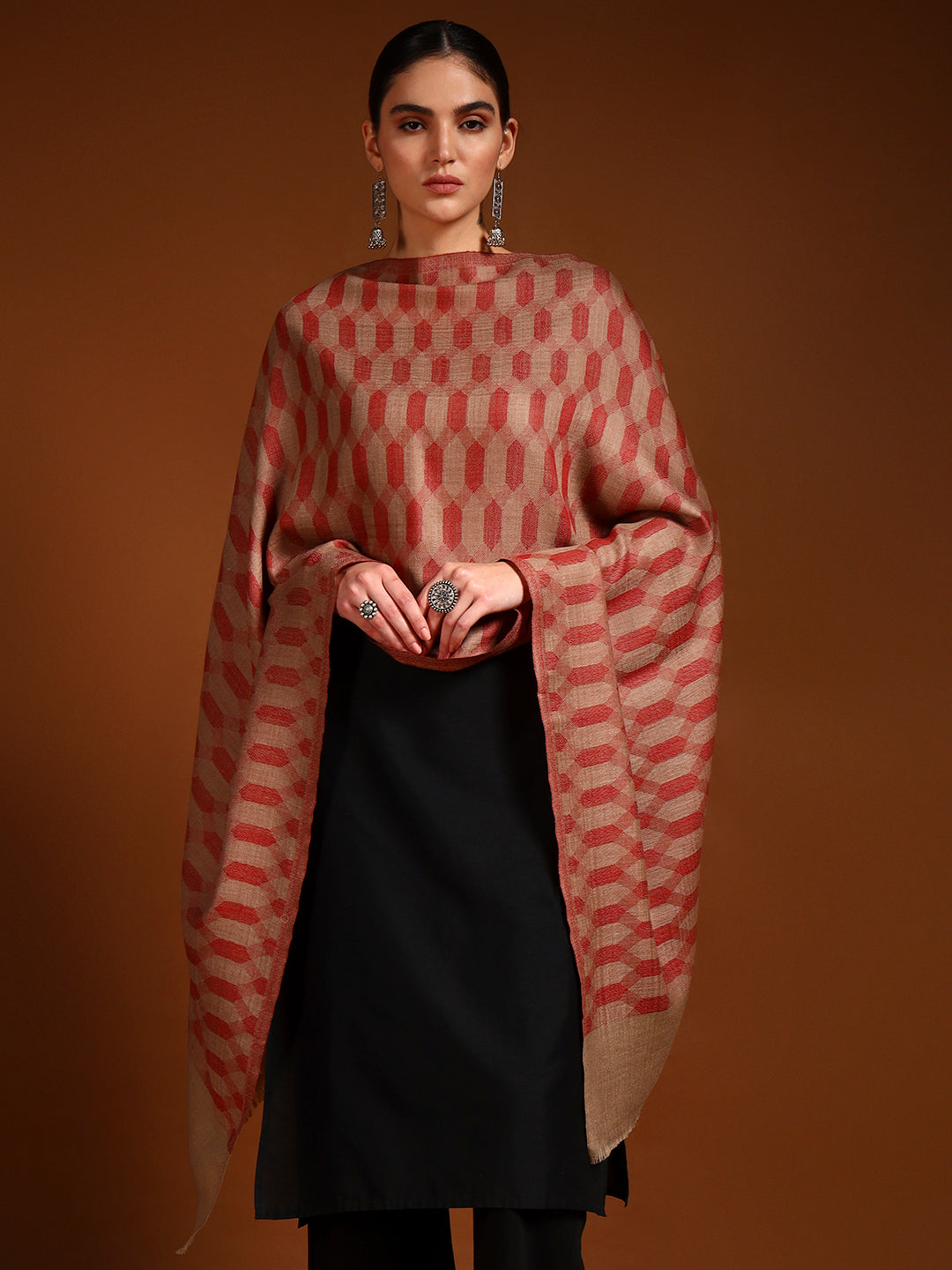 Women 100% Pure Wool Checkered Stole, Sustainable and Natural Fabric (Size 71x203 CM)