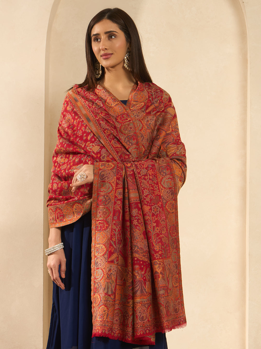 Pashmoda Women Shahi Manzar Kaani Wool Blend Kashmiri Shawl, Stole, Scarf | Luxury Pashmina Jamawar Soft Warm Evening Wrap (Size 40X80 inches )