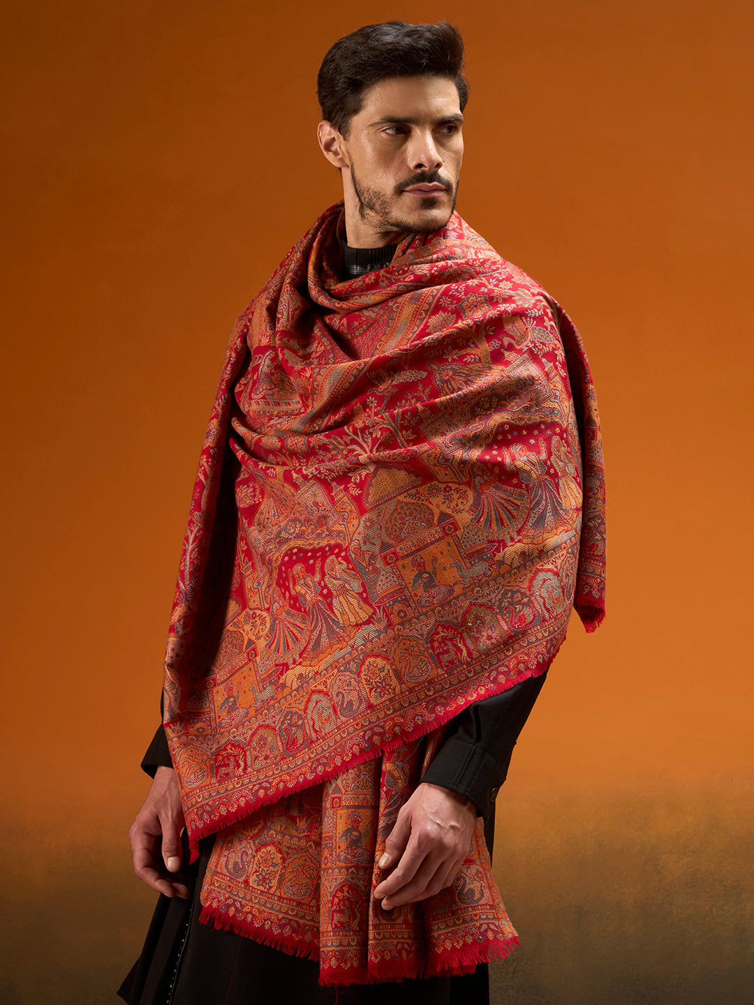 Pashmoda Men Shahi Manzar Fine Wool Kaani Shawl, Authentic Kashmiri Pashmina Style Wrap, Medium Gents Lohi, Traditional Jamawar Woven Design, Gift Box Packed, Maroon Colour (40 x 80 Inches)