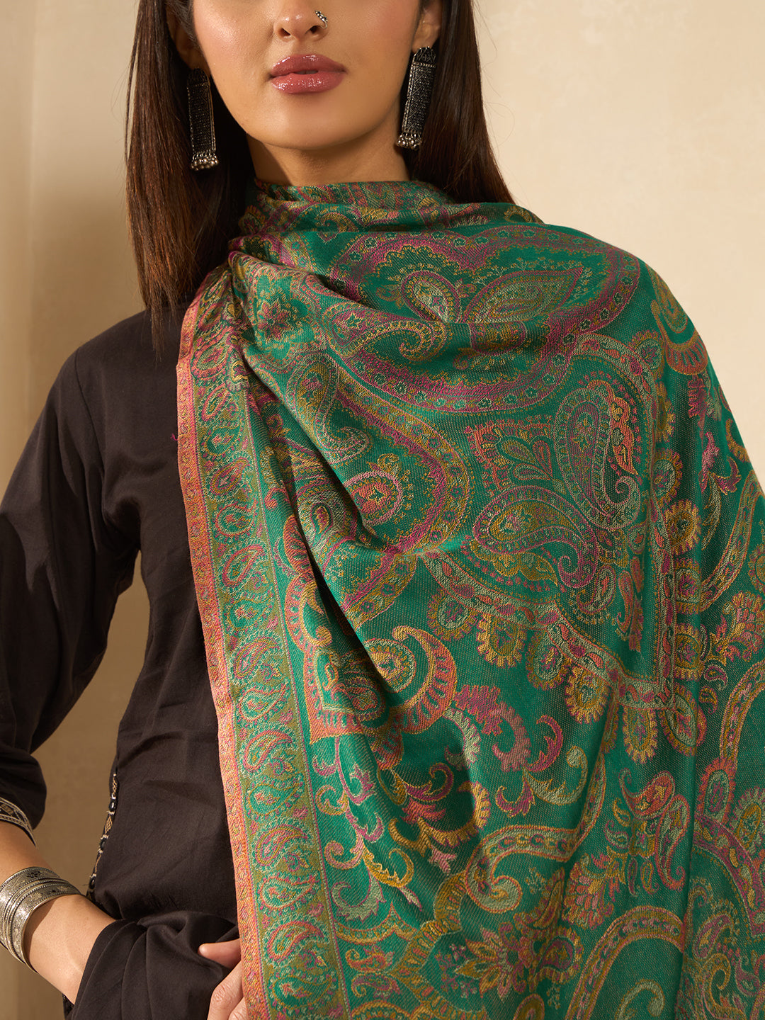 Pashmoda Imperial Ambi Kaani Stole for Women, Wool Blend Pashmina Style Shawl Wrap, Traditional Kashmiri Jamawar Woven Design, Luxury Evening & Festive Scarf (28 x 80 Inches)