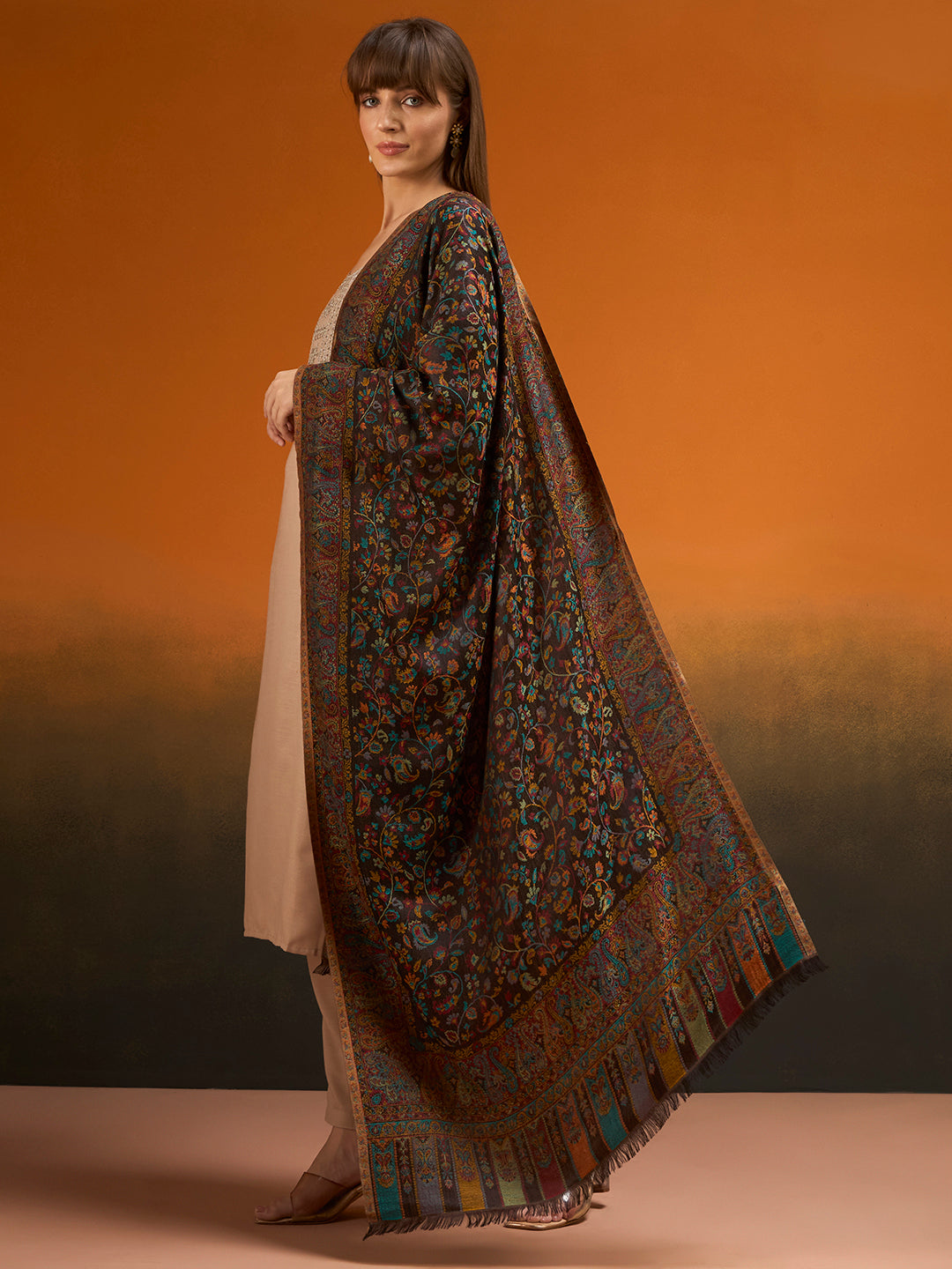 Pashmoda Imperial Royal botanica Stole for Women, Wool Blend Pashmina Style Shawl Wrap, Traditional Kashmiri Jamawar Woven Design, Luxury Evening & Festive Scarf (28 x 80 Inches)