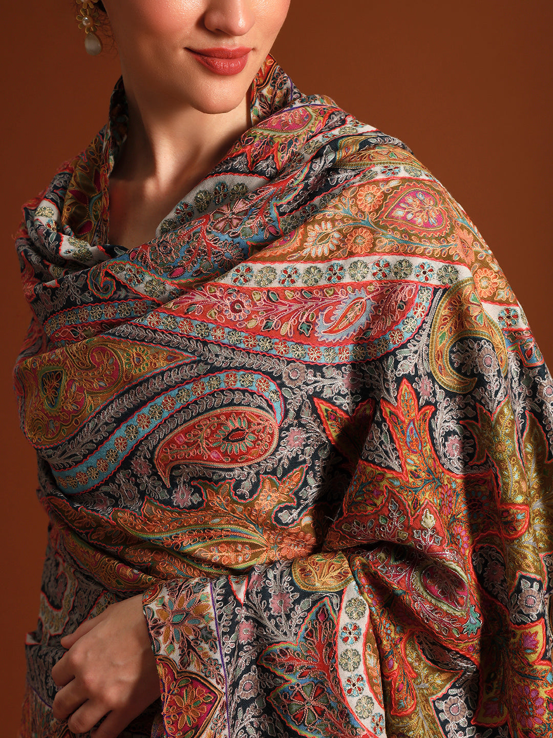 Women Stained Glass Fine Wool Fabric Kalamkari Embroidered Shawl,
