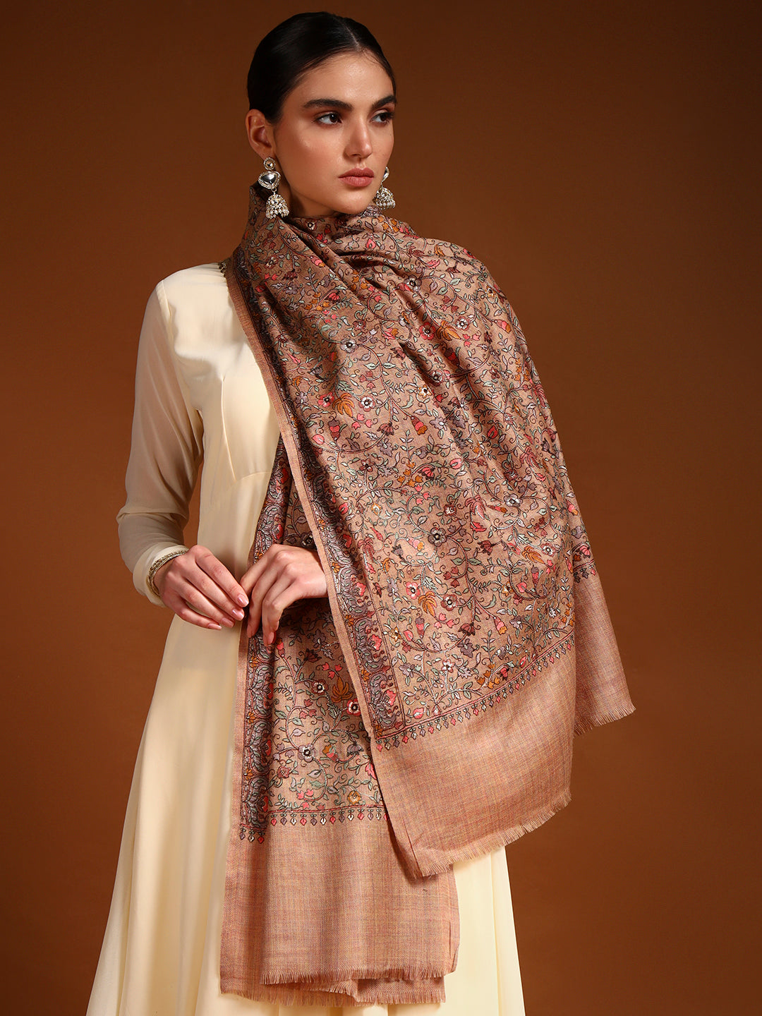 Pashmoda Women Shabnum 100% Pure Wool Sozni Hand Embroidered Stole (Size-71 × 203 cm)
