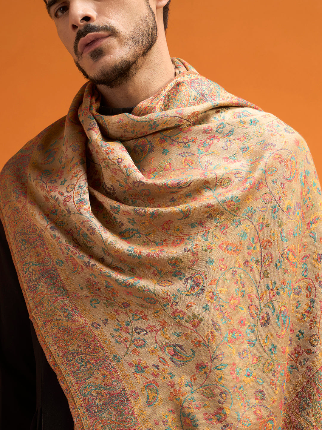 Pashmoda Men Royal botanica Kaani Stole, Authentic Kashmiri Pashmina Style Wool Shawl, Gents Lohi Wrap, Traditional Jamawar Woven Design, Beige Colour (28 x 80 Inches)