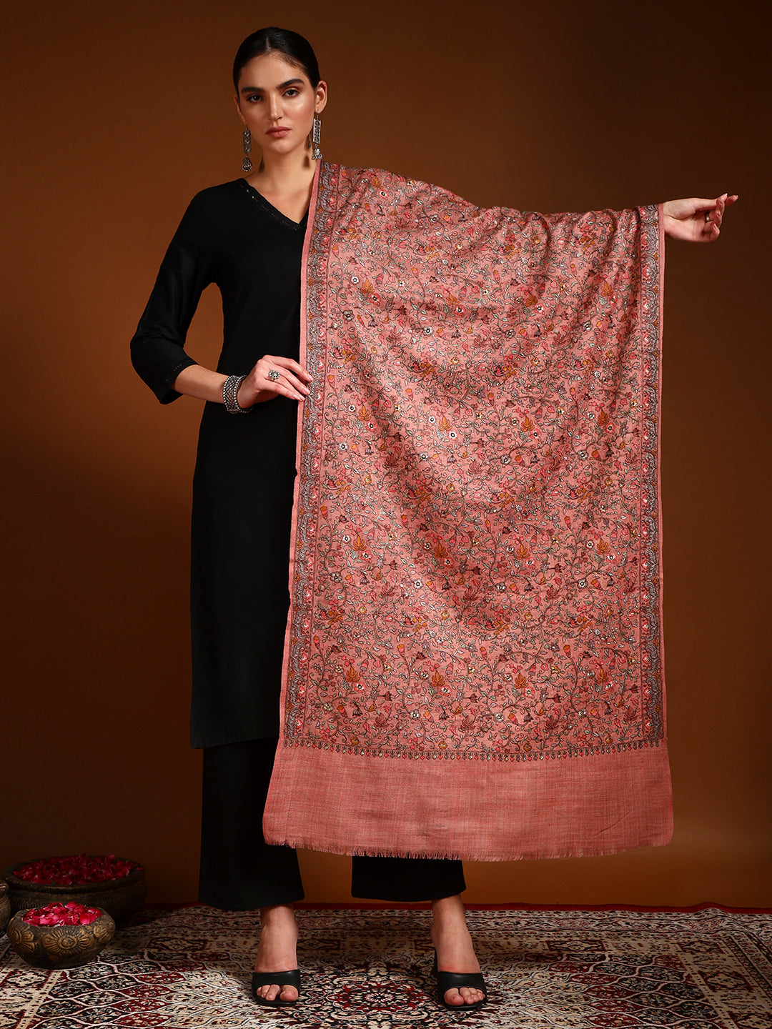 Pashmoda Women Shabnum 100% Pure Wool Sozni Hand Embroidered Stole (Size-71x203cm)