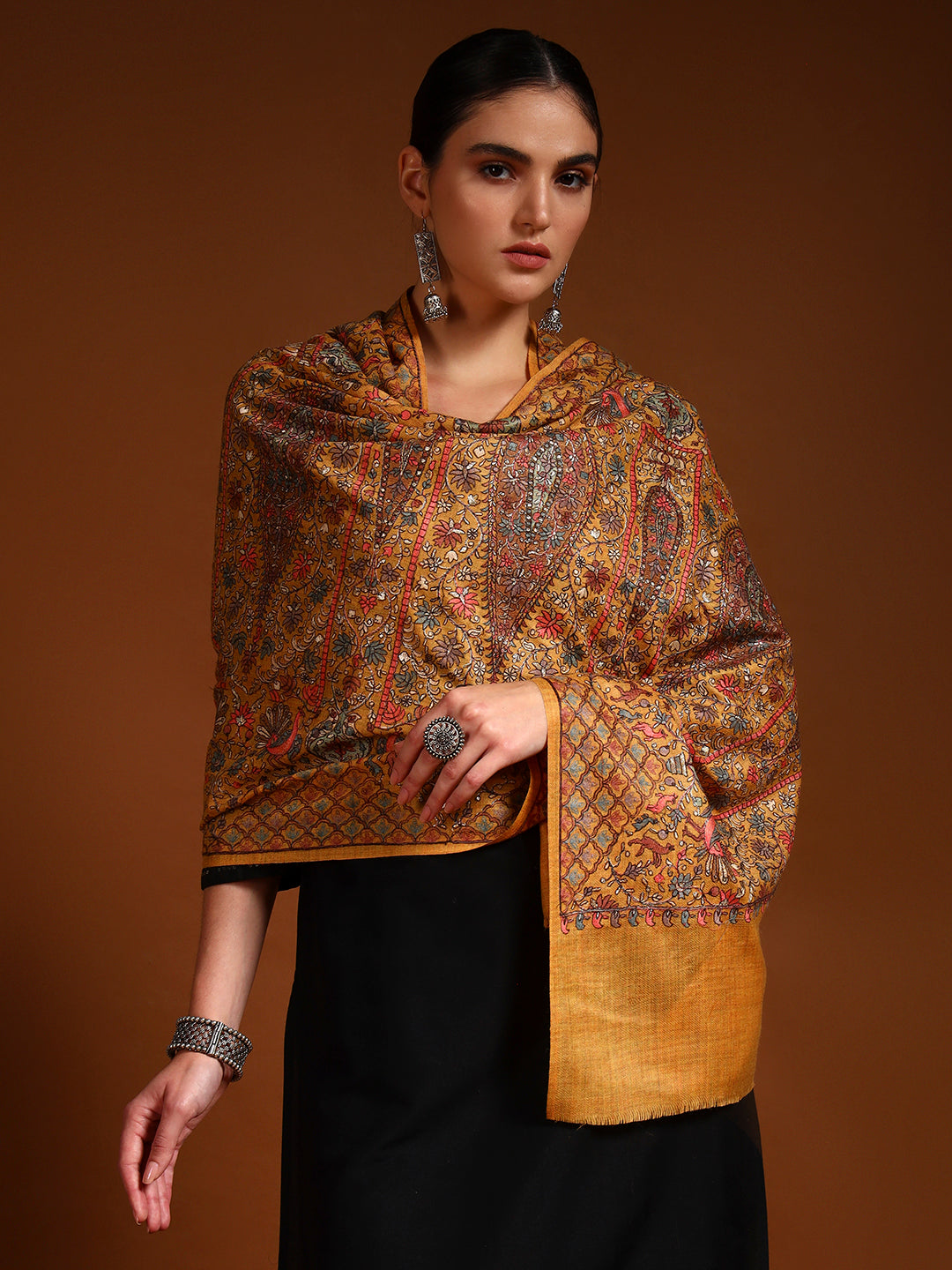 Pashmoda Women Nafeesah 100% Pure Wool Sozni Hand Embroidered Stole (Size-71x203cm)