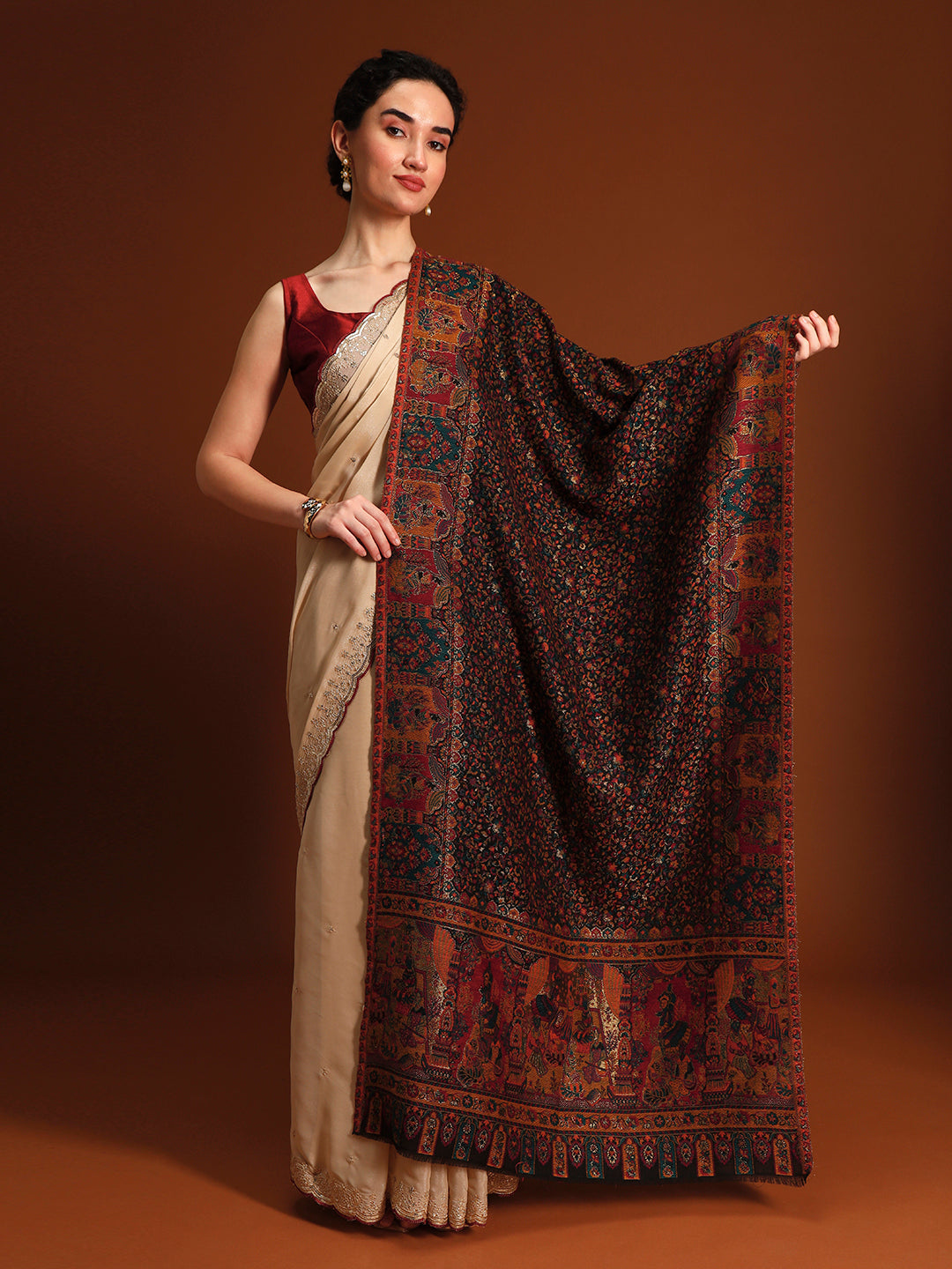 Pashmoda Imperial Autumn Canopy kaani stole Stole for Women, Wool Blend Pashmina Style Shawl Wrap, Traditional Kashmiri Jamawar Woven Design, Luxury Evening & Festive Scarf (28 x 80 Inches)