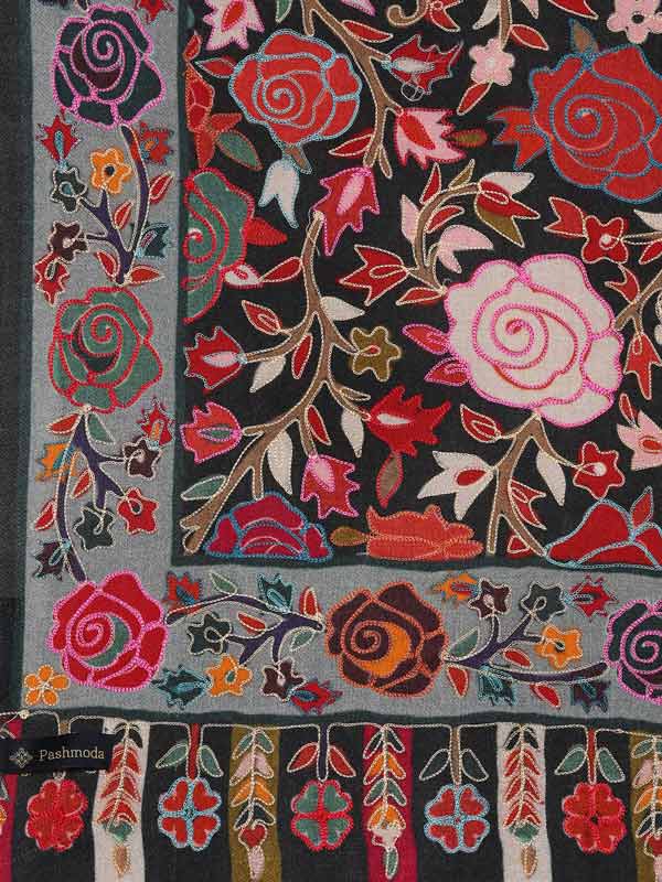 Women's Gul-E-Mehar 100% Pure Wool Kalamkari Hand Embroidered Stole (Size : 71X203 CM)