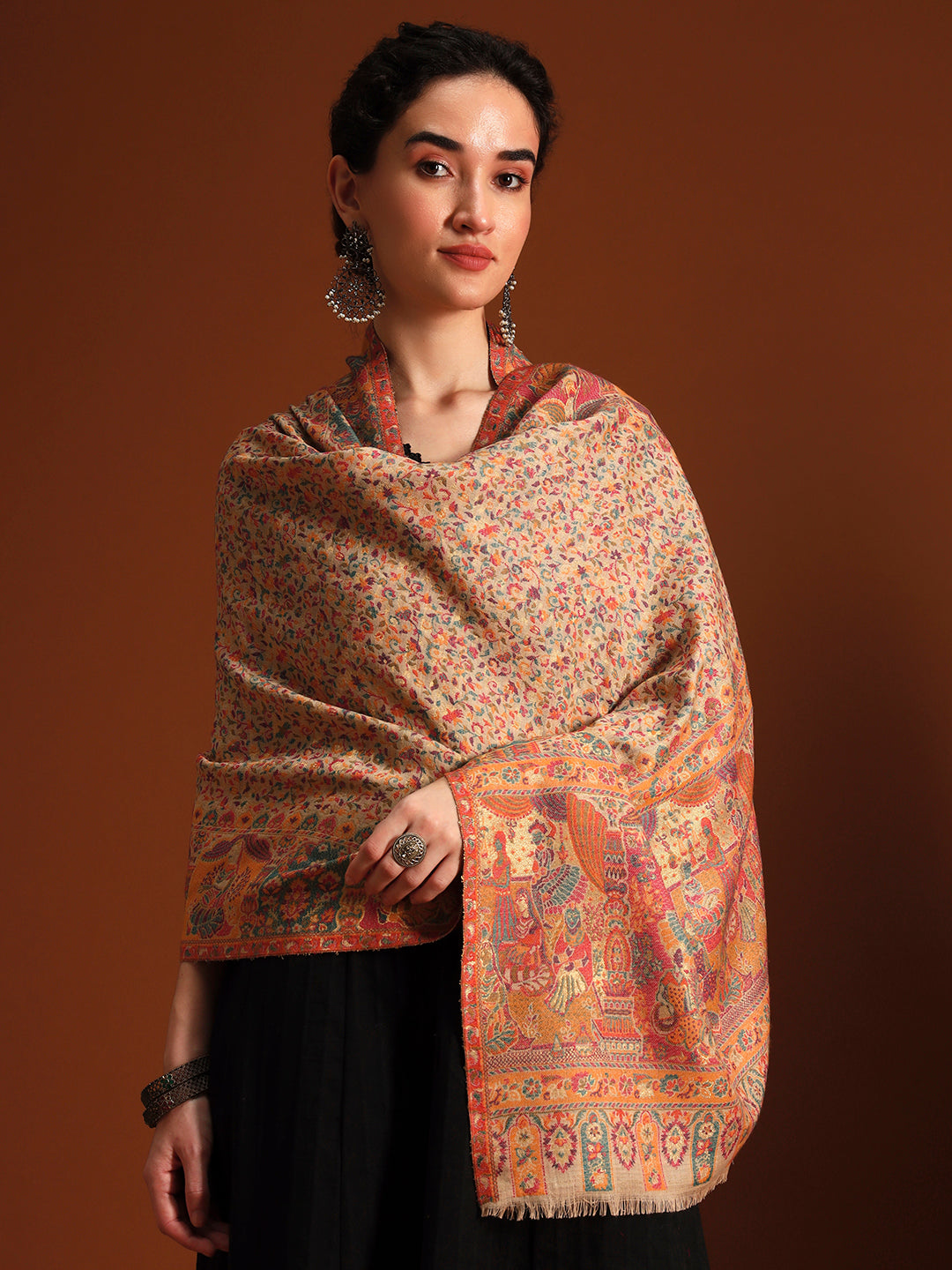 Pashmoda Imperial Persian Court kaani stole Stole for Women, Wool Blend Pashmina Style Shawl Wrap, Traditional Kashmiri Jamawar Woven Design, Luxury Evening & Festive Scarf (28 x 80 Inches)
