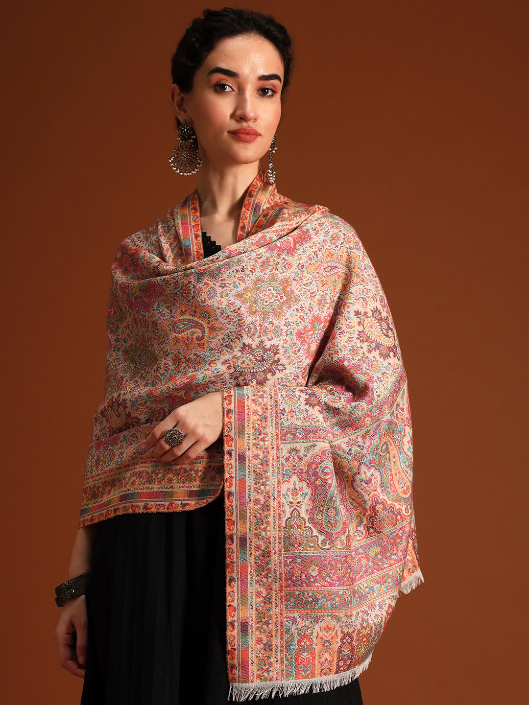 Pashmoda Imperial Shahkaar Gulistan kaani stole Stole for Women, Wool Blend Pashmina Style Shawl Wrap, Traditional Kashmiri Jamawar Woven Design, Luxury Evening & Festive Scarf (28 x 80 Inches)