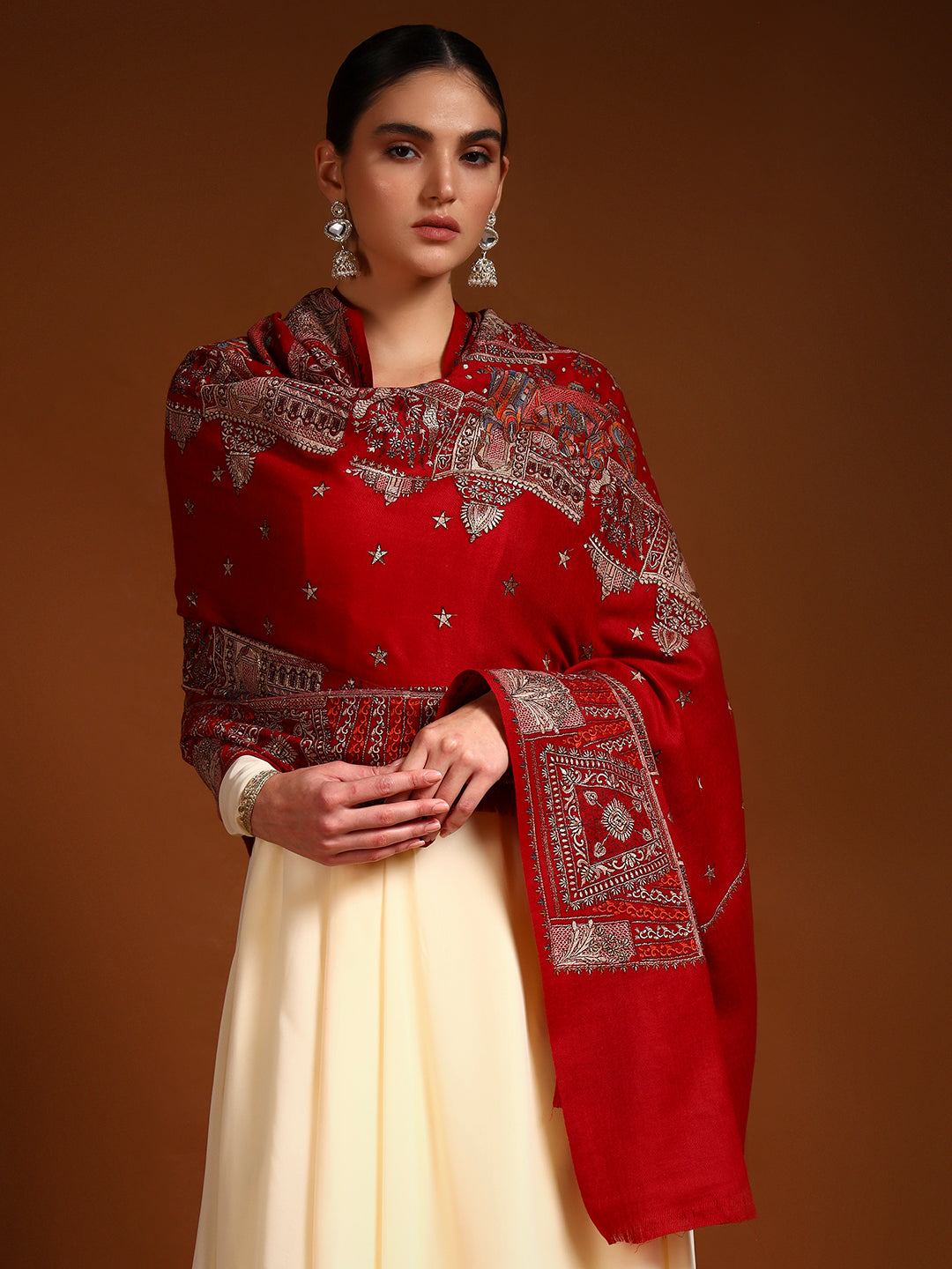 Pashmoda Women Zavian 100% Pure Wool Sozni Hand Embroidered Shawl (Size: 101x203 Cm)