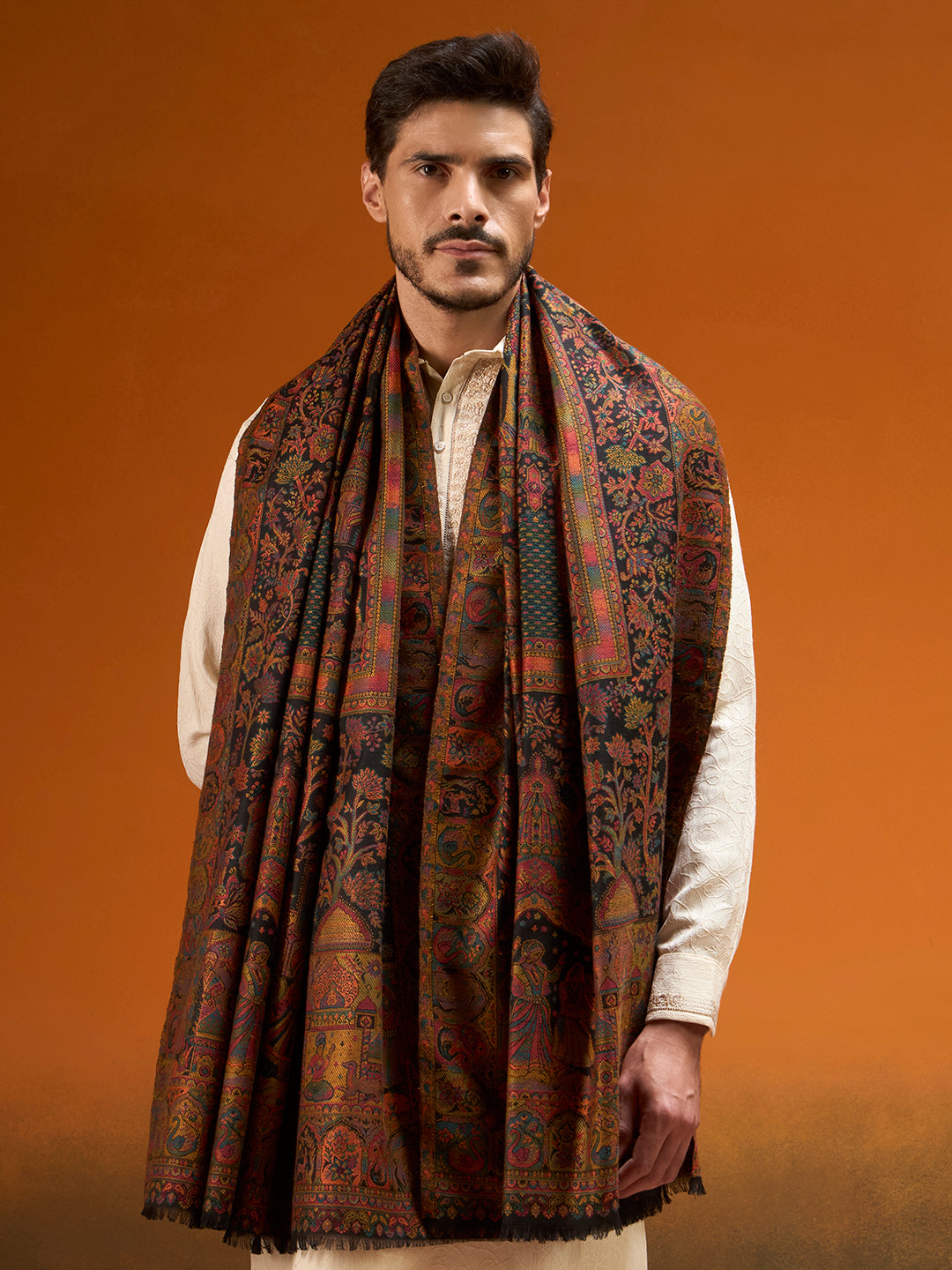 Pashmoda Men Shahi Manzar Fine Wool Kaani Shawl, Authentic Kashmiri Pashmina Style Wrap, Medium Gents Lohi, Traditional Jamawar Woven Design, Gift Box Packed, Black Colour (40 x 80 Inches)
