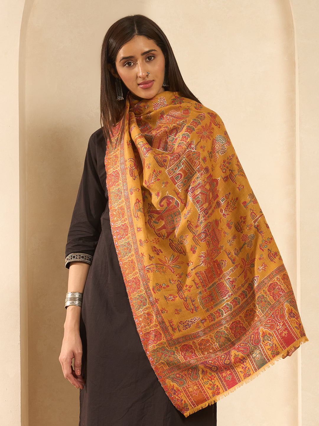 Pashmoda Imperial Caravan kaani stole Stole for Women, Wool Blend Pashmina Style Shawl Wrap, Traditional Kashmiri Jamawar Woven Design, Luxury Evening & Festive Scarf (28 x 80 Inches)