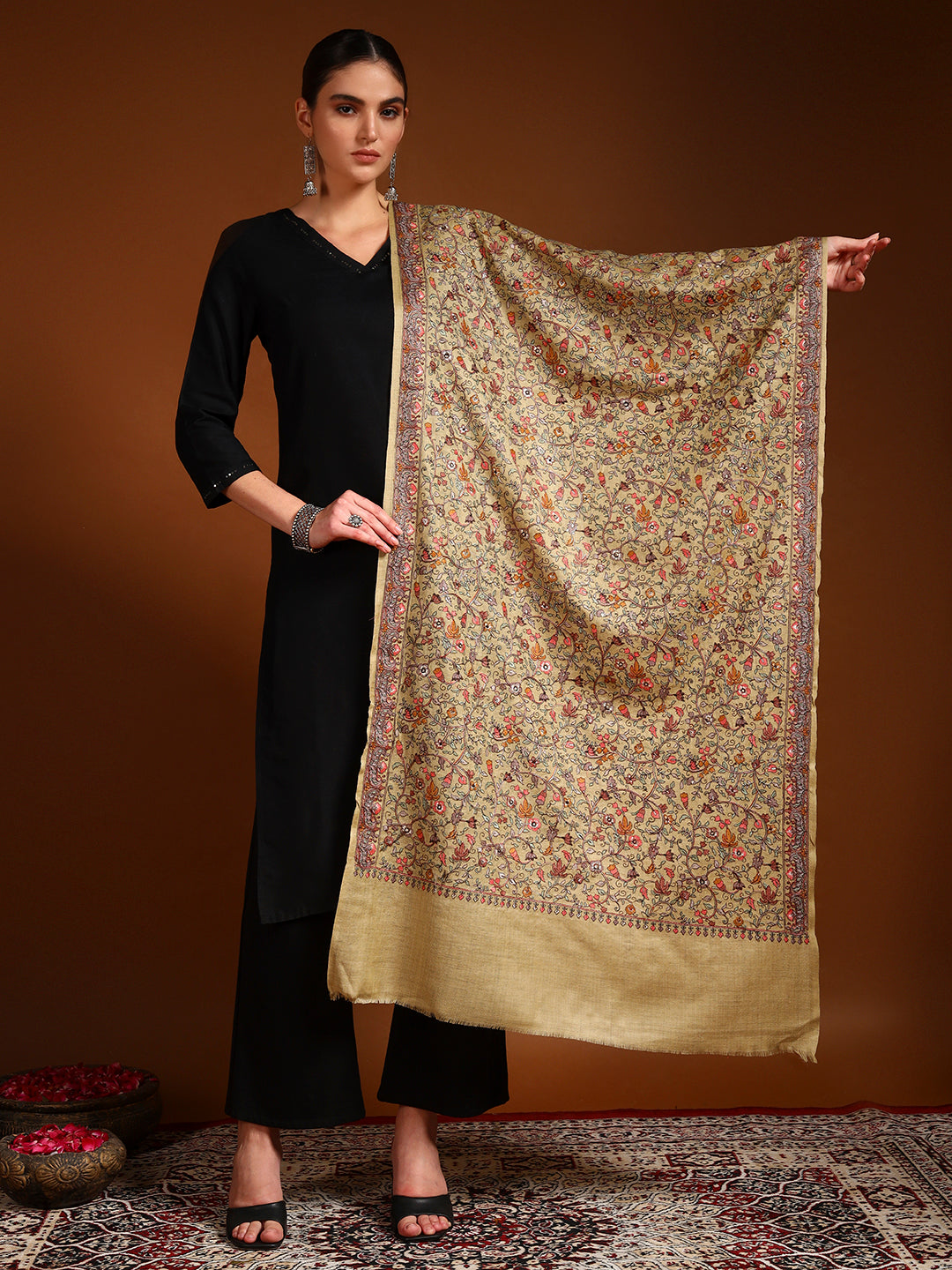 Pashmoda Women Shabnum 100% Pure Wool Sozni Hand Embroidered Stole (Size-71x203cm)