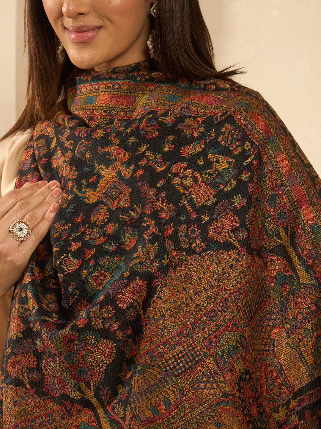 Pashmoda Women Shahi Manzar Kaani Wool Blend Kashmiri Shawl, Stole, Scarf | Luxury Pashmina Jamawar Soft Warm Evening Wrap (Size 40X80 inches )