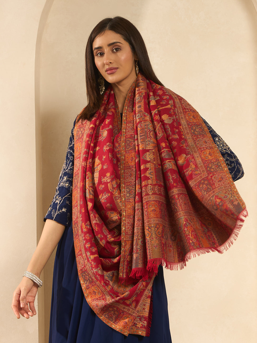 Pashmoda Women Gulrukh Zari Reversible Kaani Fine Wool Shawl, Shawl, Scarf, Heritage Kashmiri Pashmina Stole, Evening Wrap (Size 40X80 inches)