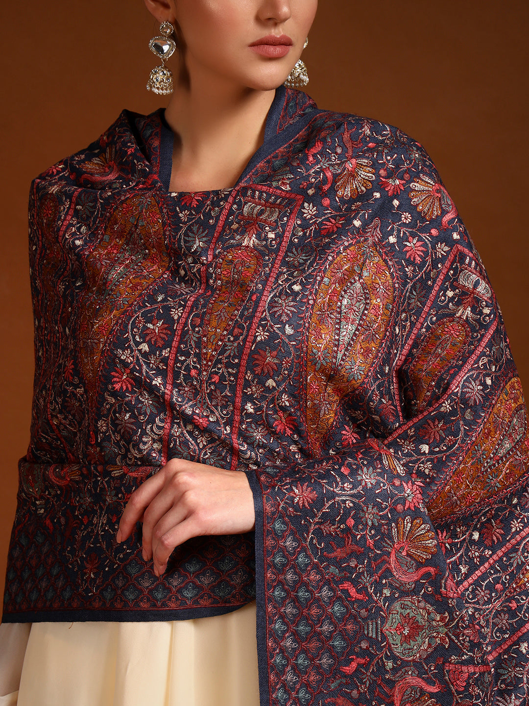 Pashmoda Women Nafeesah 100% Pure Wool Sozni Hand Embroidered Stole (Size-71x203cm)