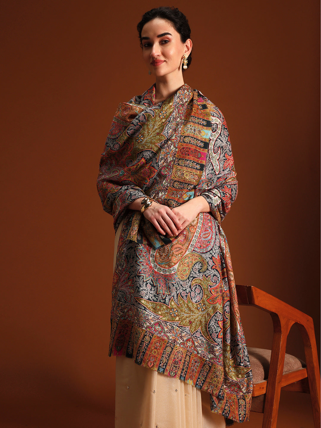 Women Stained Glass Fine Wool Fabric Kalamkari Embroidered Shawl,