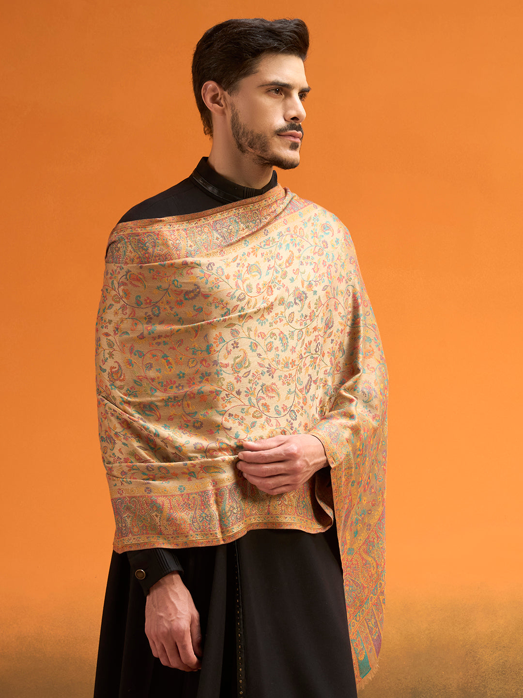 Pashmoda Men Royal botanica Kaani Stole, Authentic Kashmiri Pashmina Style Wool Shawl, Gents Lohi Wrap, Traditional Jamawar Woven Design, Beige Colour (28 x 80 Inches)