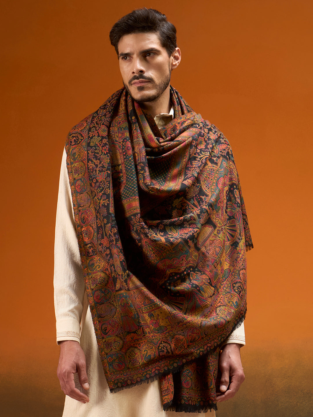 Pashmoda Men Shahi Manzar Fine Wool Kaani Shawl, Authentic Kashmiri Pashmina Style Wrap, Medium Gents Lohi, Traditional Jamawar Woven Design, Gift Box Packed, Black Colour (40 x 80 Inches)