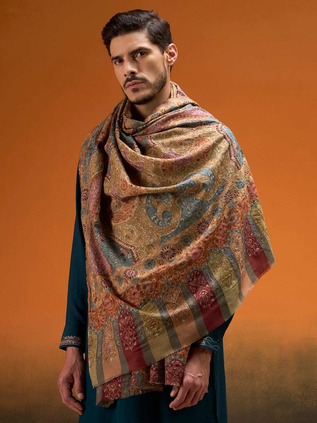 Men Kashish Fine Wool Kalamkari Embroidered Shawl