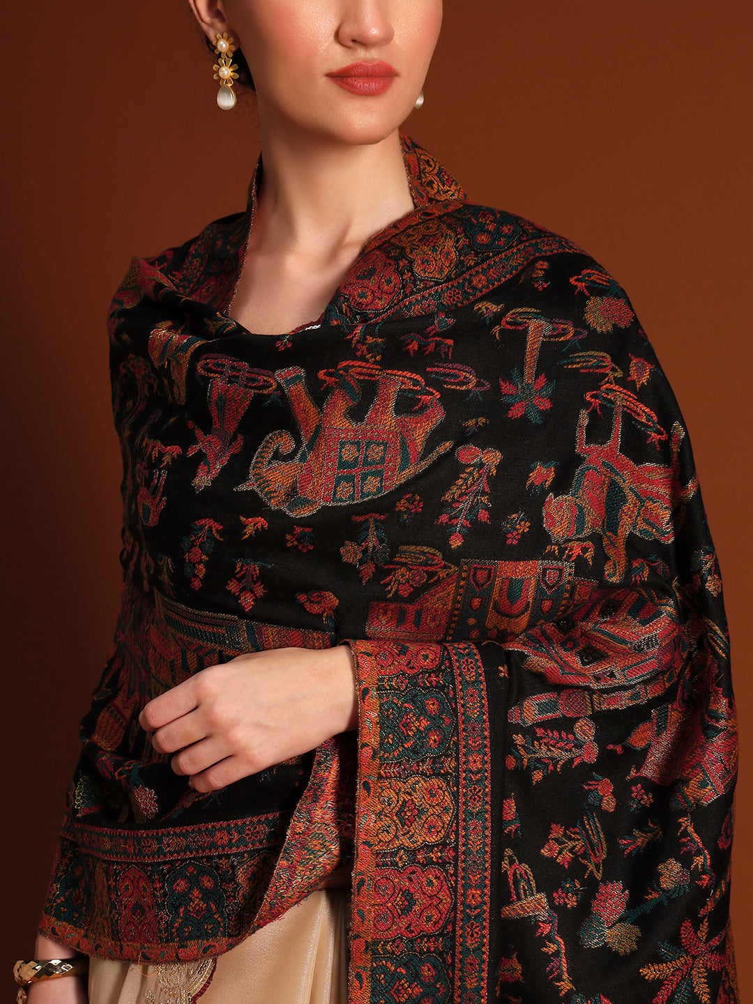 Pashmoda Imperial Caravan kaani stole Stole for Women, Wool Blend Pashmina Style Shawl Wrap, Traditional Kashmiri Jamawar Woven Design, Luxury Evening & Festive Scarf (28 x 80 Inches)