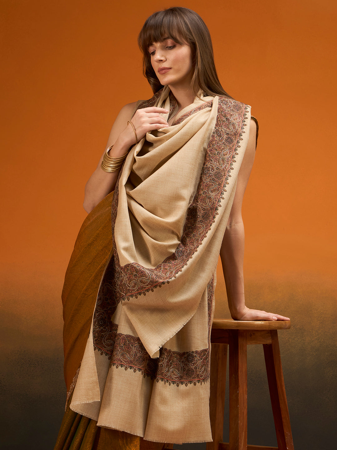 Women Nafeesah Fine Wool Sozni Hand Embroidered Shawl