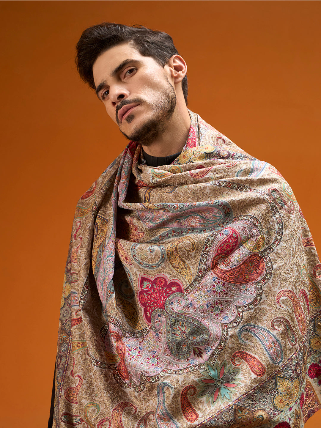 Men Paisley Promenade Fine Wool Kalamkari Embroidered Shawl