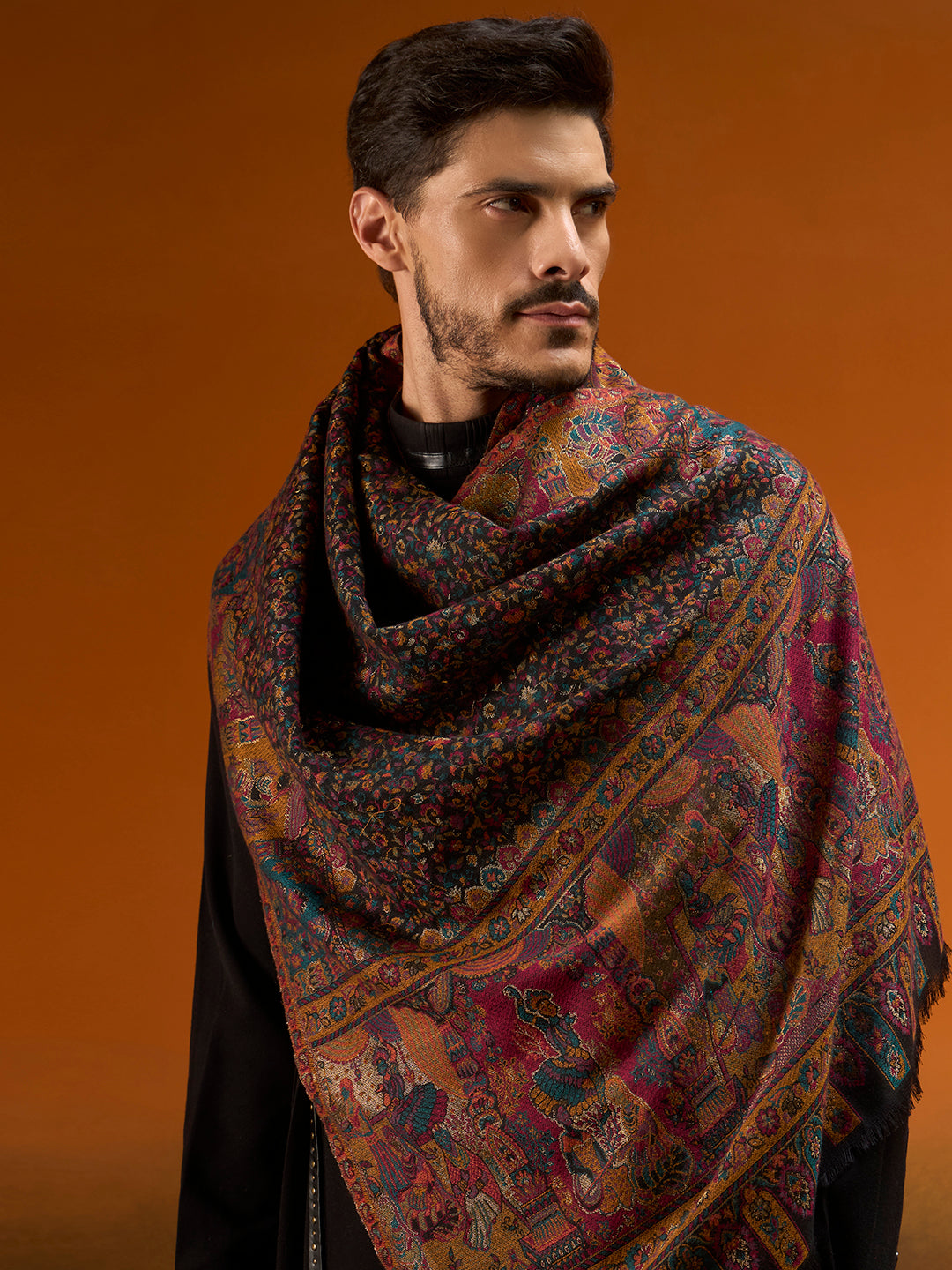 Pashmoda Men Persian Court Kaani Stole, Authentic Kashmiri Pashmina Style Wool Shawl, Gents Lohi Wrap, Traditional Jamawar Woven Design, Black Colour (28 x 80 Inches)