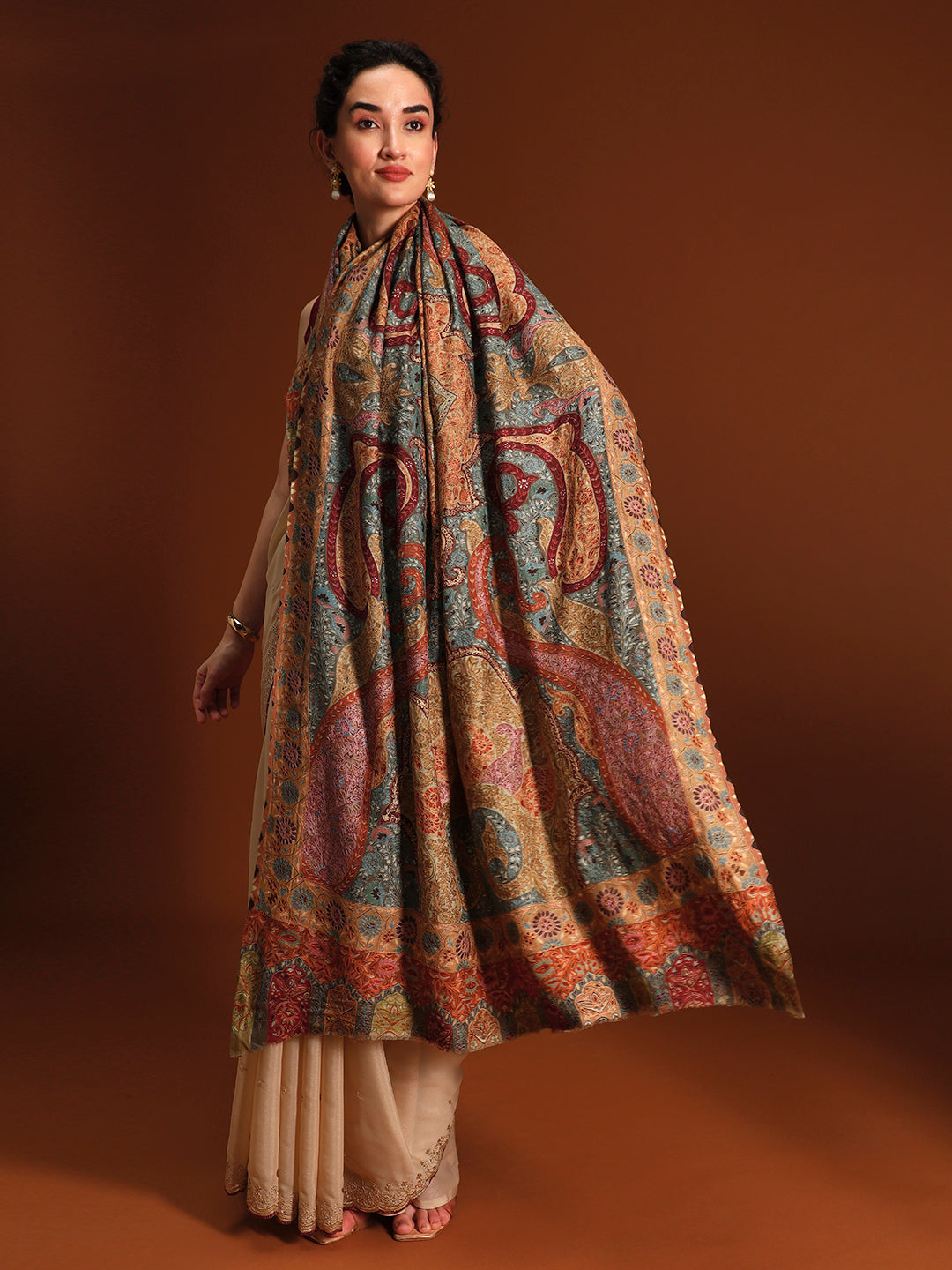 Women Kashish Fine Wool Fabric Kalamkari Embroidered Shawl