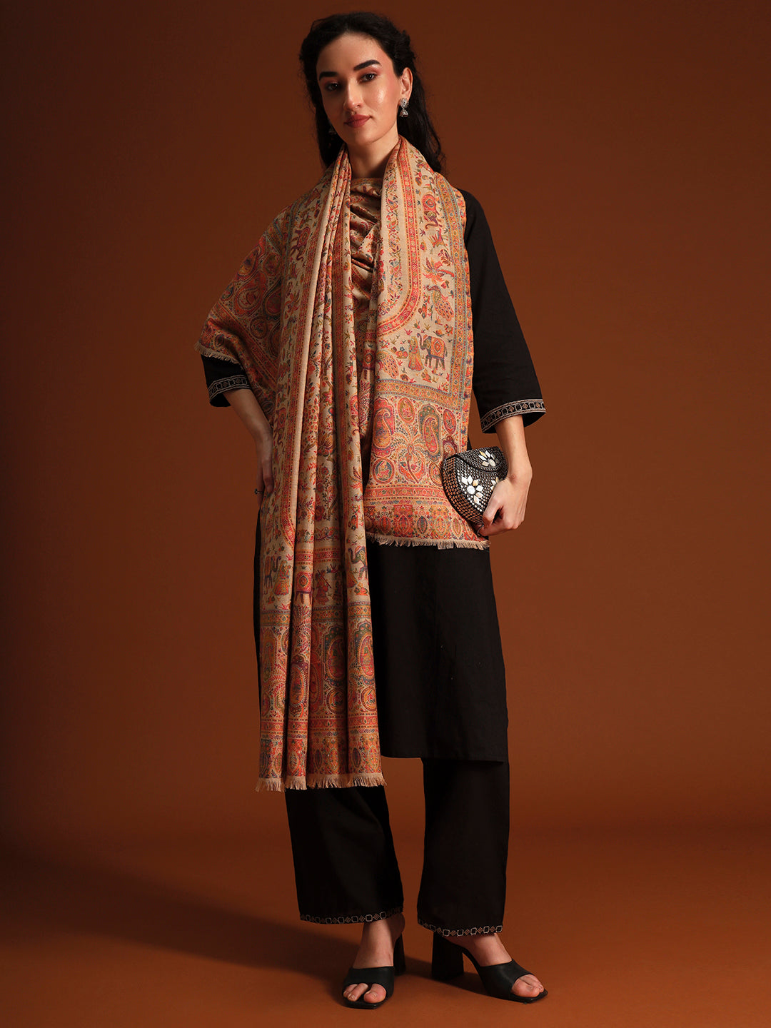 Pashmoda Women Orchard Kaani Wool Blend Kashmiri Shawl, Stole, Scarf | Luxury Pashmina Jamawar Soft Warm Evening Wrap (Size 40X80 inches )