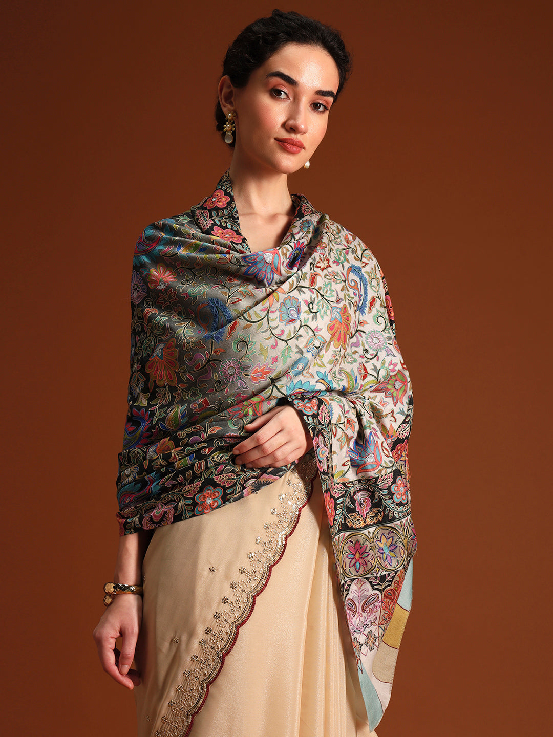 Women Twilight paisley Fine Wool Fabric Kalamkari Embroidered Shawl,