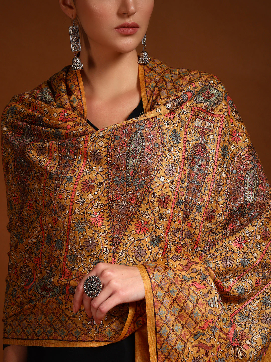 Pashmoda Women Nafeesah 100% Pure Wool Sozni Hand Embroidered Stole (Size-71x203cm)