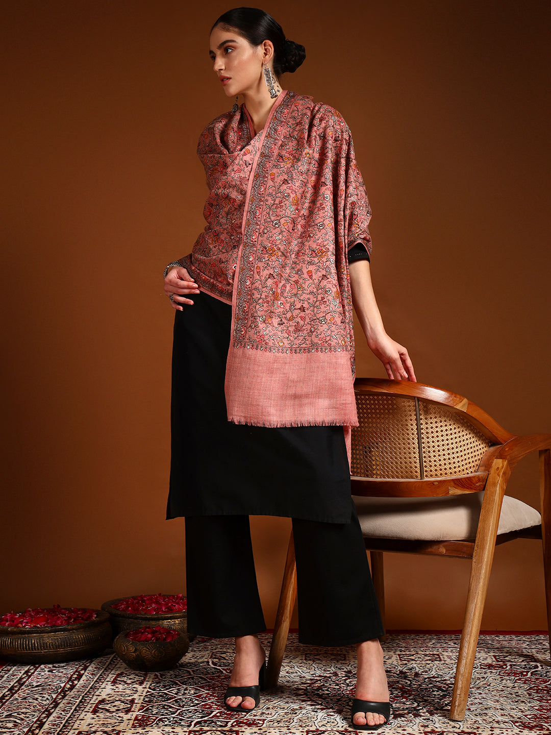 Pashmoda Women Shabnum 100% Pure Wool Sozni Hand Embroidered Stole (Size-71x203cm)